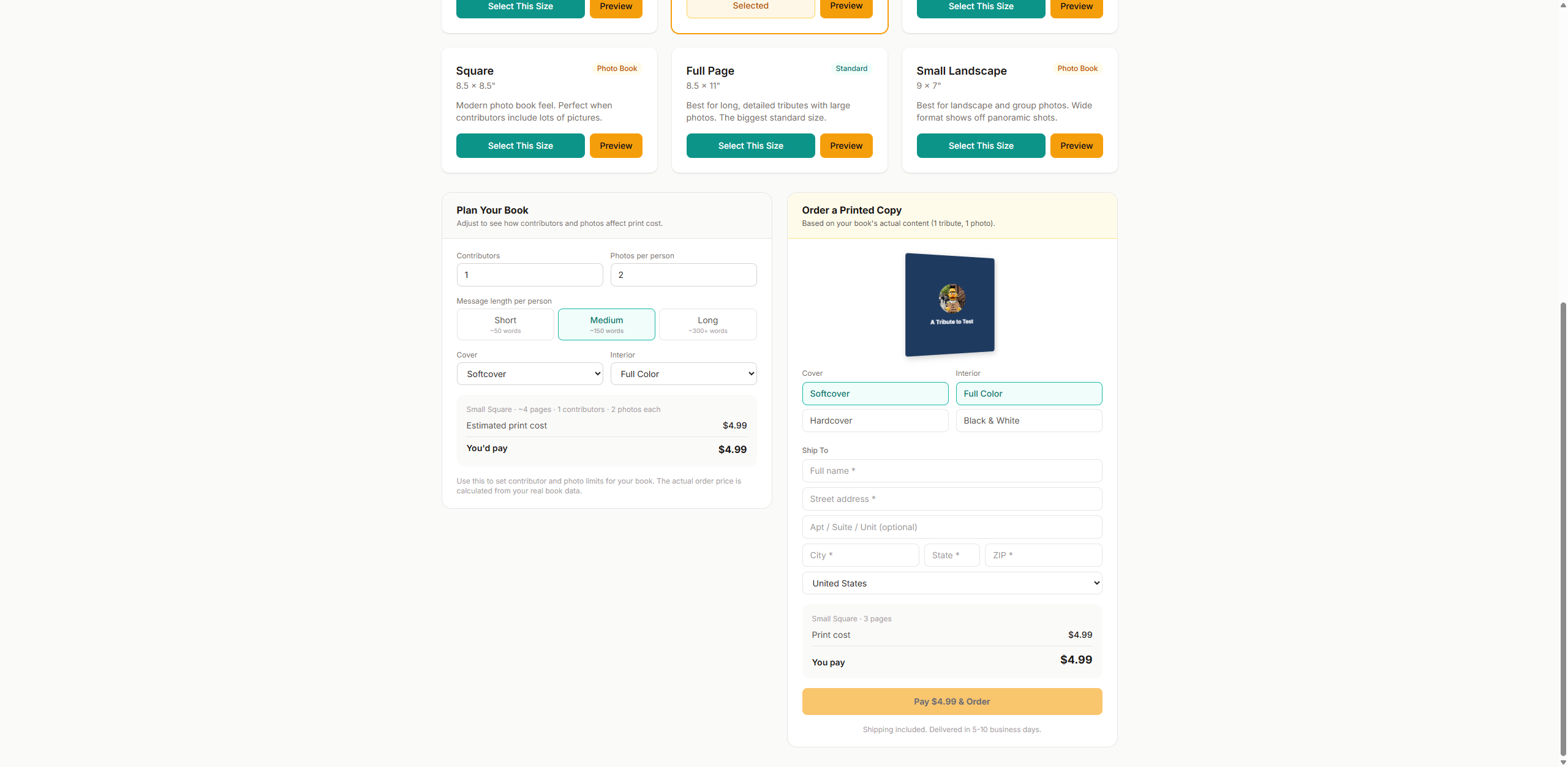 Customer order form with shipping address