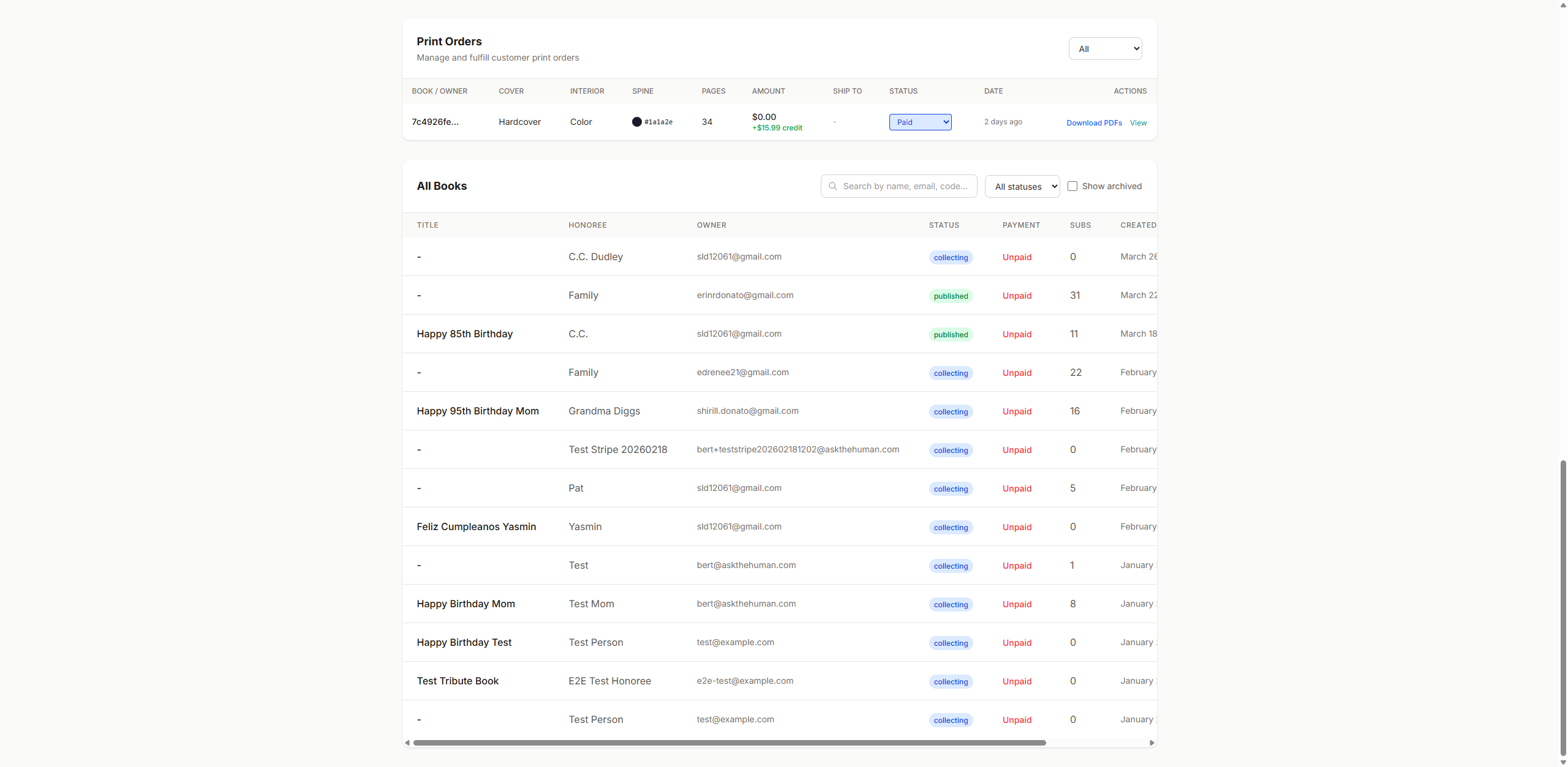 Admin print orders with Download PDFs action