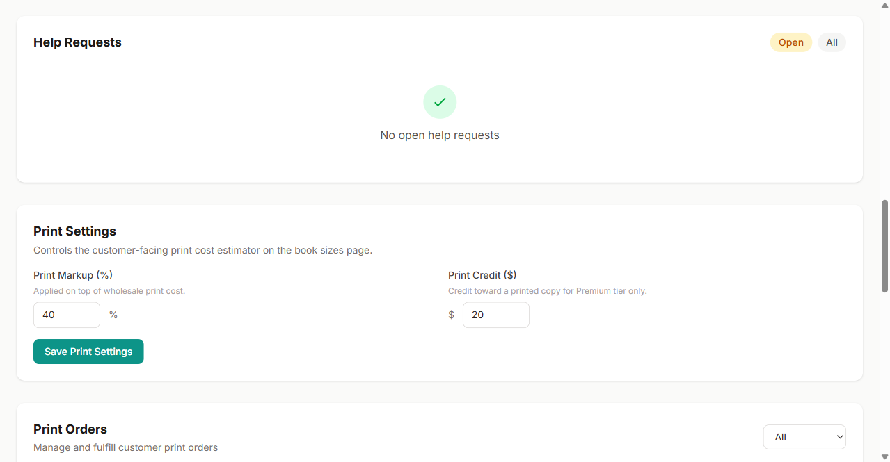 Admin Print Settings and Print Orders sections