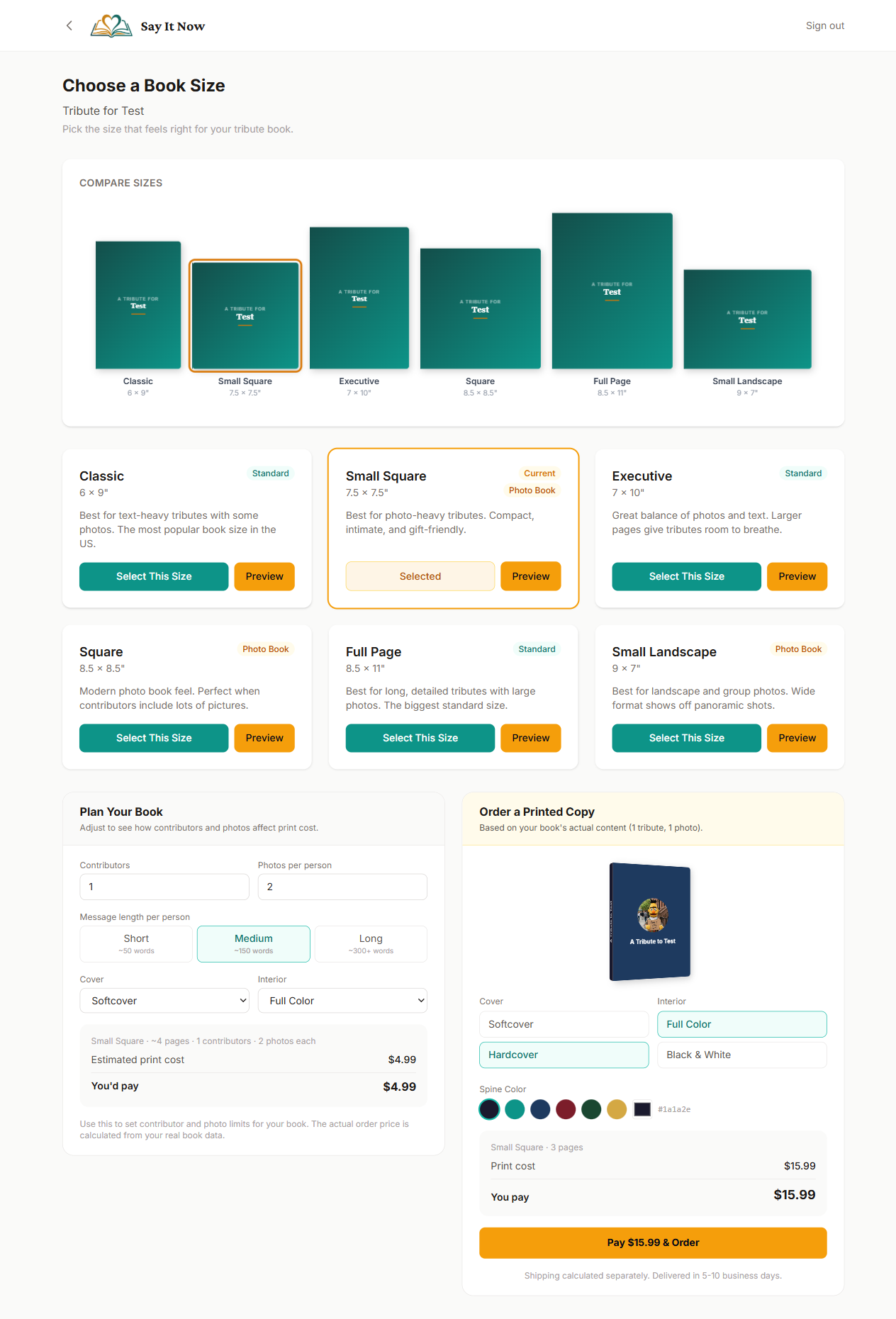 Full sizes page with estimator and order card