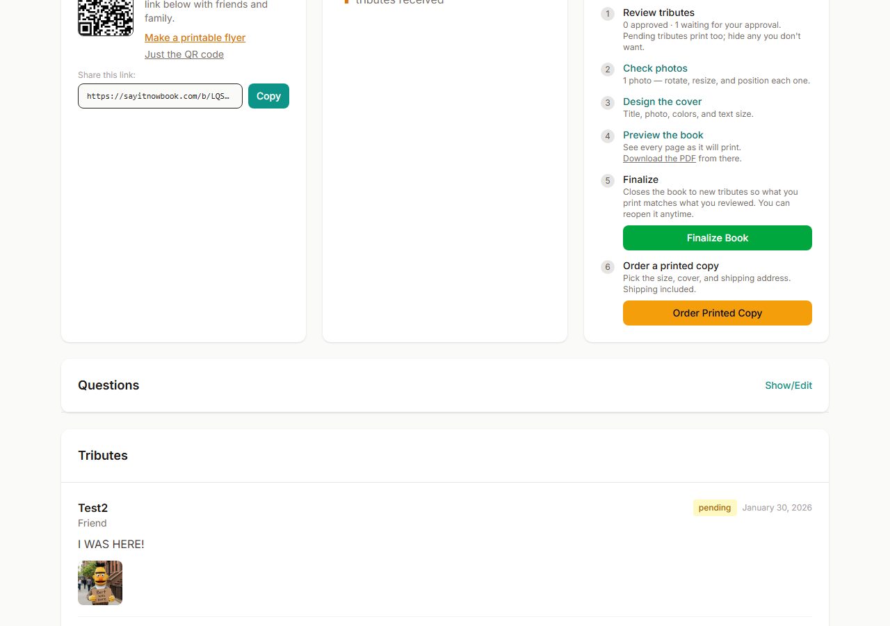 Book page with the Ready to Print checklist, Finalize Book button, and Order Printed Copy button