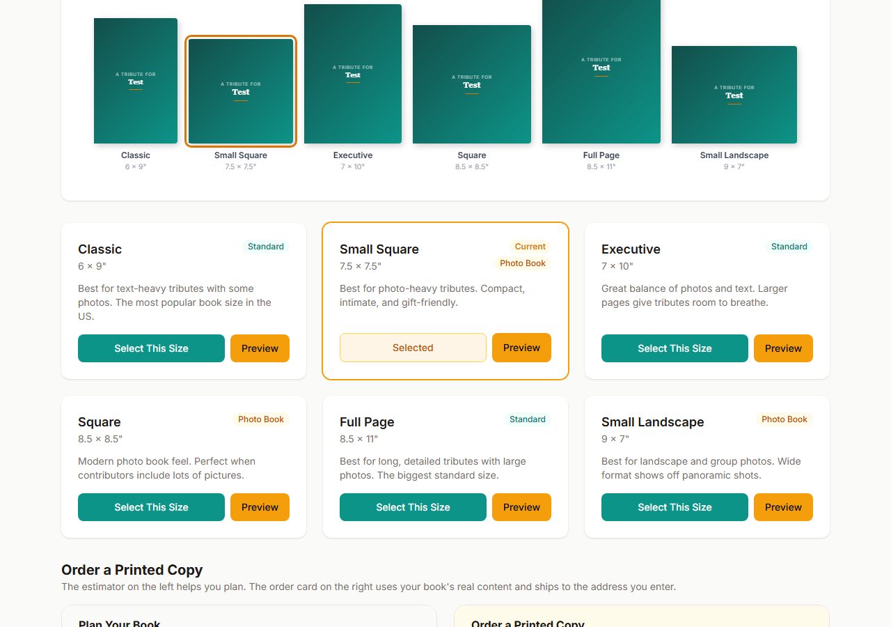 Book Size and Print Order page scrolled to the Order a Printed Copy heading