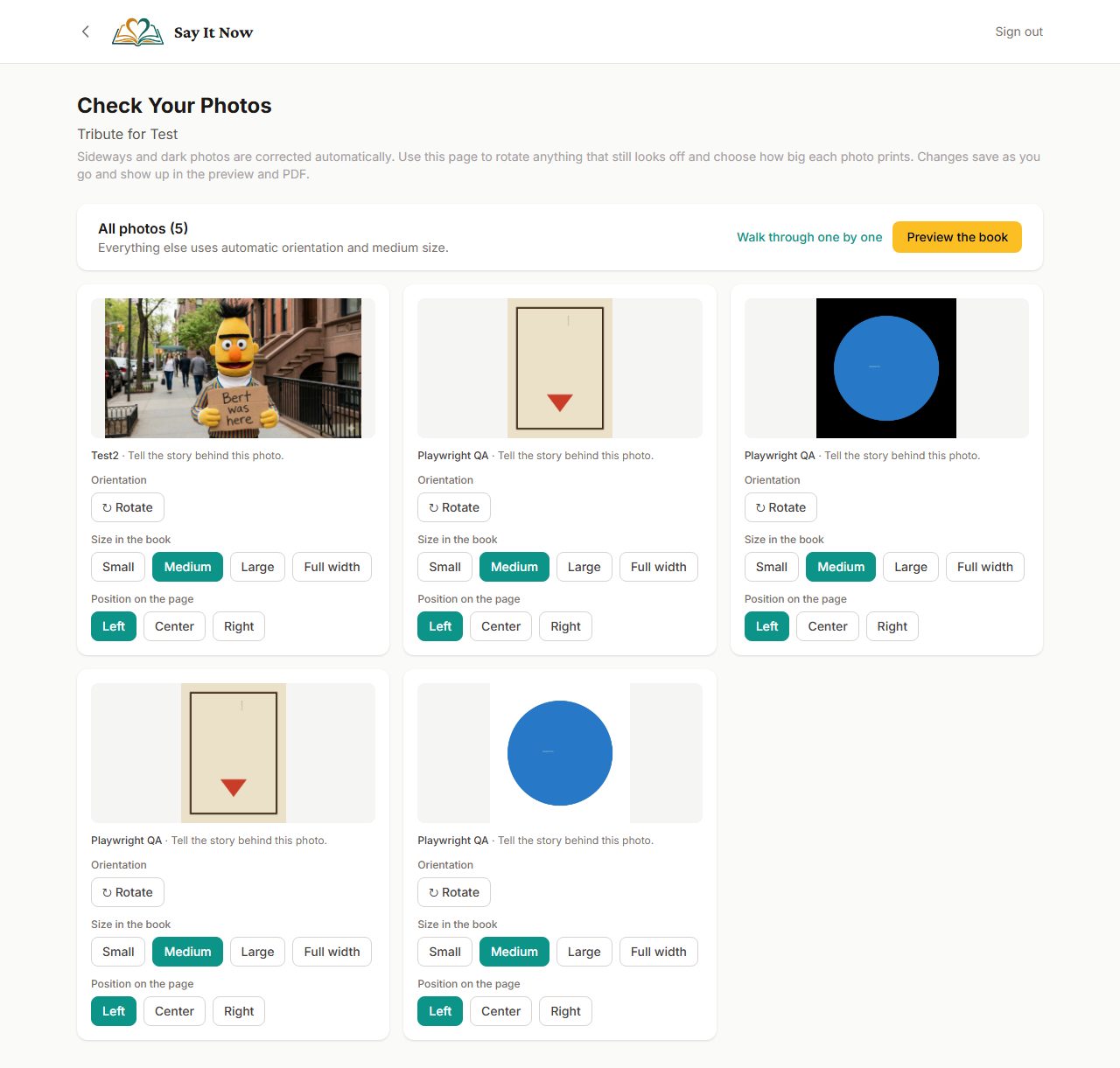 Grid view listing every photo in the book with compact controls