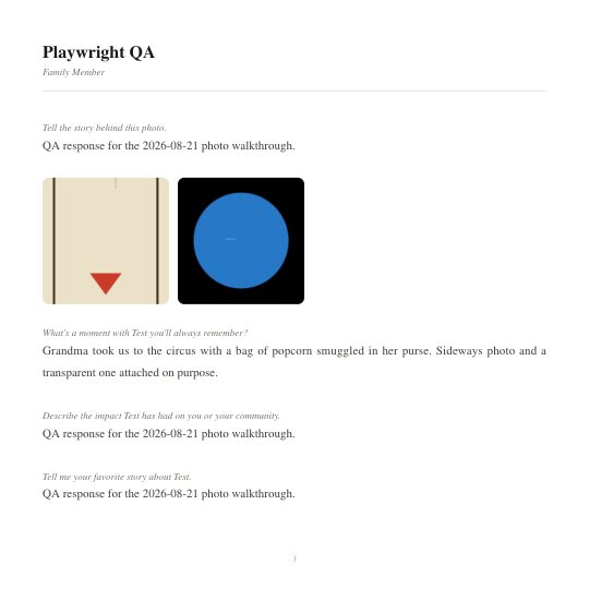 PDF page showing an upright test photo and a transparent photo rendered on white, with the honoree's name in each question