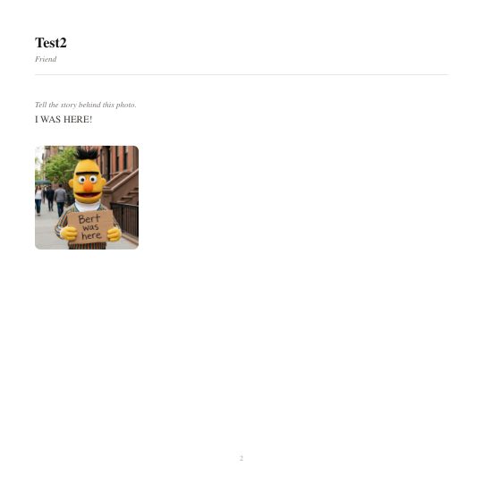 PDF page with a question label and answer at the configured text size, and a photo